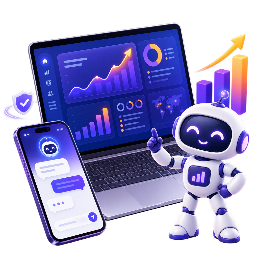 AI assistant, laptop analytics dashboard and chatbot mobile app