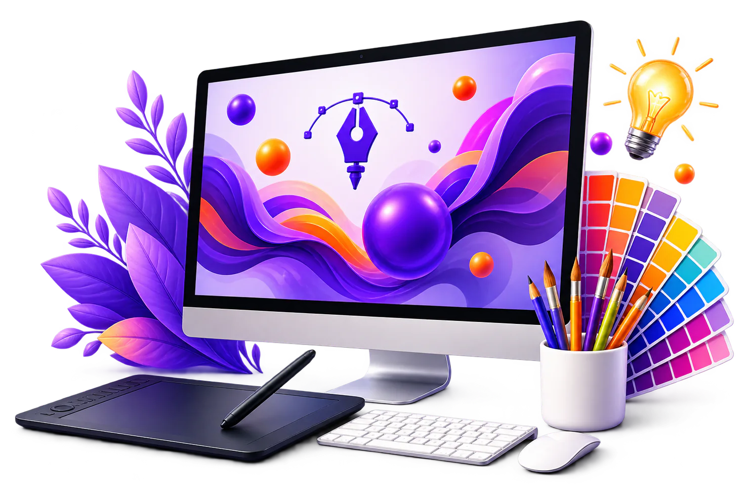Premium graphic design workstation with monitor, drawing tablet, colour swatches and creative tools