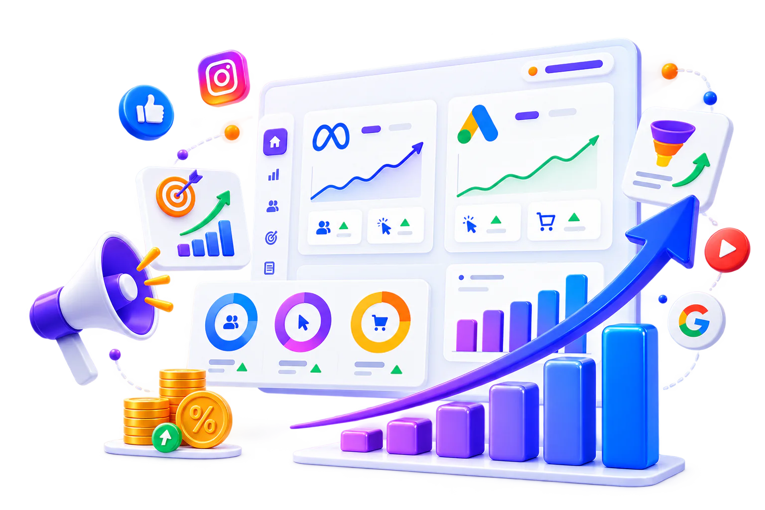 Premium paid advertising analytics dashboard and rising performance chart