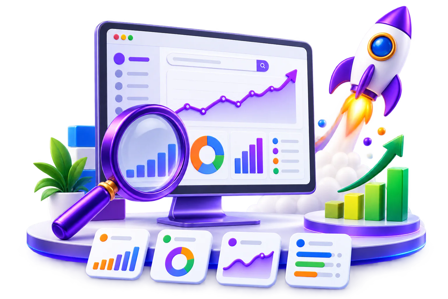 SEO analytics dashboard, magnifying glass, growth chart and rocket launch