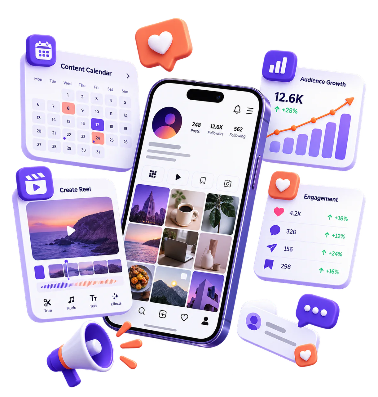 Floating phone with social media calendar, reel creation and analytics panels