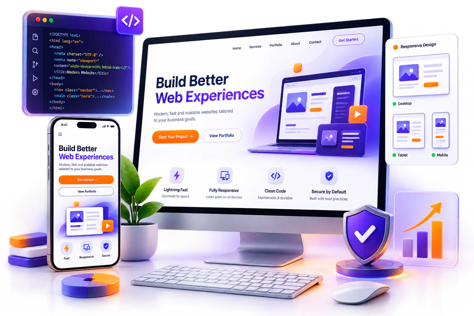 Premium responsive website development shown across desktop and mobile devices